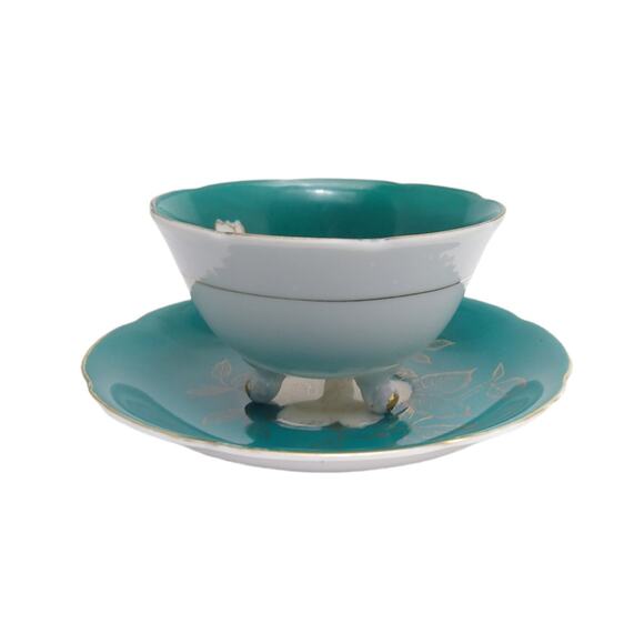 Teal Gold Rose Pattern Footed Teacup And Saucer Set - Picture 5 of 7